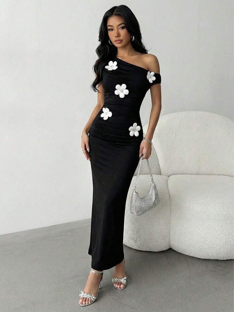 Fashionable & Elegant Knit Oblique Shoulder Snug Fit Dress For Teen Girls