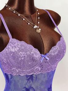 Amplova 蕾丝杯细节热带花卉网眼紧身迷你连衣裙 - 紫色 - 查看 5