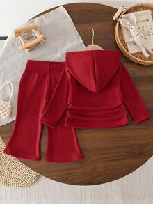 SHEIN 女婴时尚连帽长袖卫衣和喇叭裤套装 - 酒紅色 - 查看 2