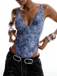 LYSMO 性感女士V领高衩雪花连体泳衣 - 深灰色 - 查看 7