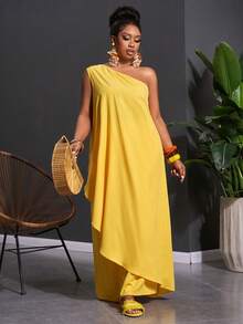 Blusa asimétrica amarilla + pantalón ancho: conjunto talla grande para primavera/verano 2026 - Amarillo - Ver 3