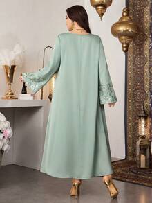 SHEIN Najma CURVE Vestido de manga abullonada con cuello cuadrado, parches de malla y bordados, elegante para primavera/verano - Verde - Ver 7
