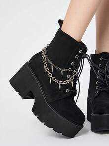 Grunge Punk Fashionable Versatile Chain Decor Thick Sole Wedge Ankle Boots Valentine's Day - Black - View 2