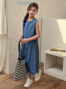 DAZY Girls' Round Neck Sleeveless Denim Dress - Blue - View 4