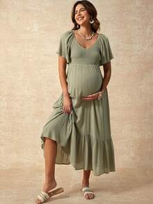 Boho Mama Maternity Solid V-Neck Casual Versatile Short Sleeve Dress - Army Green - View 7