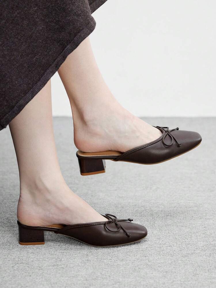 CUCCOO BIZCHIC Women Shoes Thick Heel Bow Coffee Brown Word With Closed Toe Half Sandals, Easy Commute Casual Mule Shoes