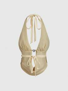 ROMWE Avant Y2K Retro Sexy Draped Neck Beaded Crop Top For Women - Gold - View 2