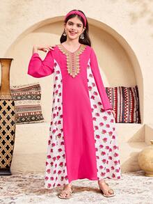 SHEIN Vestido casual bohemio con patchwork de colores contrastantes para niñas preadolescentes, para vacaciones, fiestas y festivales - Rosa - Ver 3