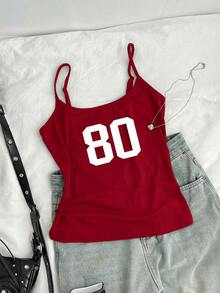 SHEIN EZwear 女士酒红色休闲性感80年代印花图案吊带背心，适合夏季穿着 - 酒紅色 - 查看 1