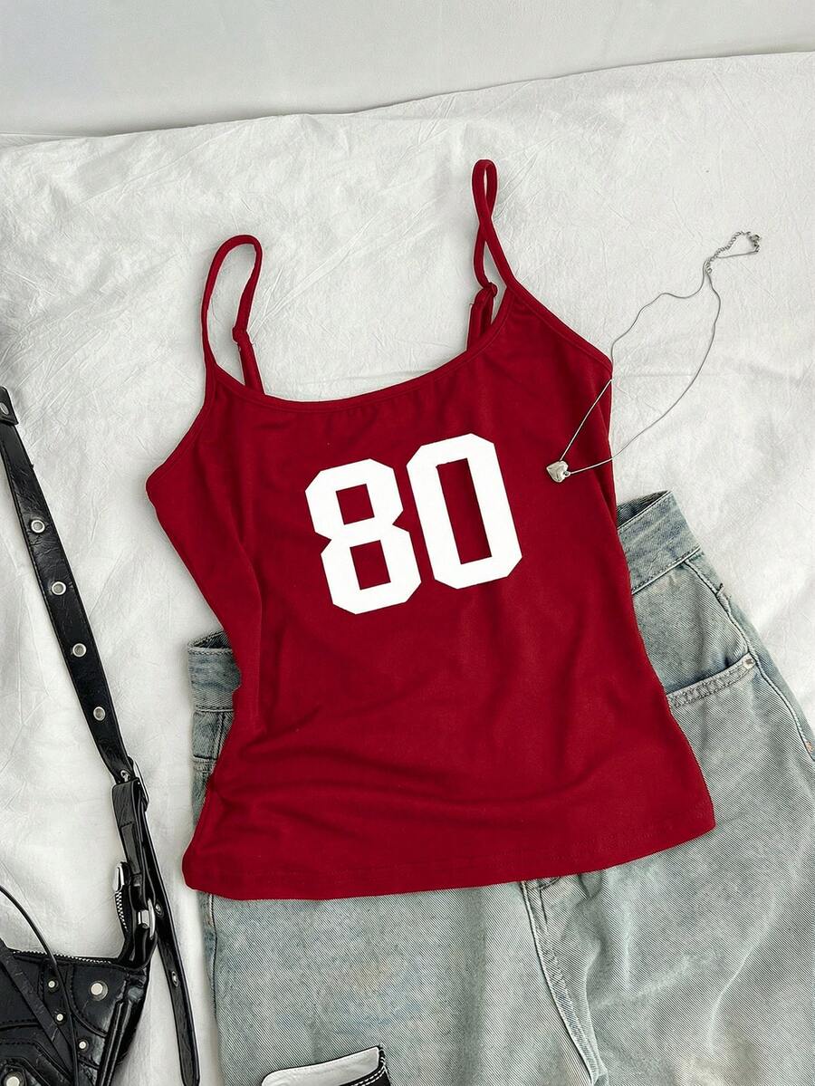 SHEIN EZwear 女士酒红色休闲性感80年代印花图案吊带背心，适合夏季穿着 - 酒紅色 - 查看 1