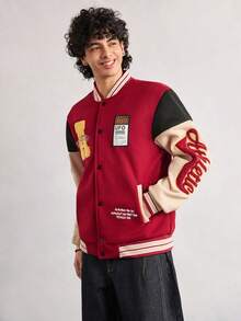 Open Phase 男士秋冬新款字母刺绣棒球长袖夹克 - 酒紅色 - 查看 4