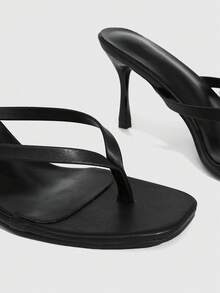 CUCCOO SZL Sandalias de mujer de tacón fino y punta cuadrada minimalista de unicolor - Negro - Ver 6