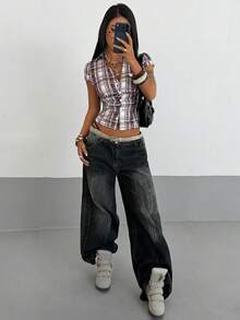 SHEIN PETITE Áo sơ mi nữ dáng ôm kẻ caro cổ điển, thiết kế American Chic, thích hợp cho mùa xuân/hè. - Nhiều màu - Xem 6