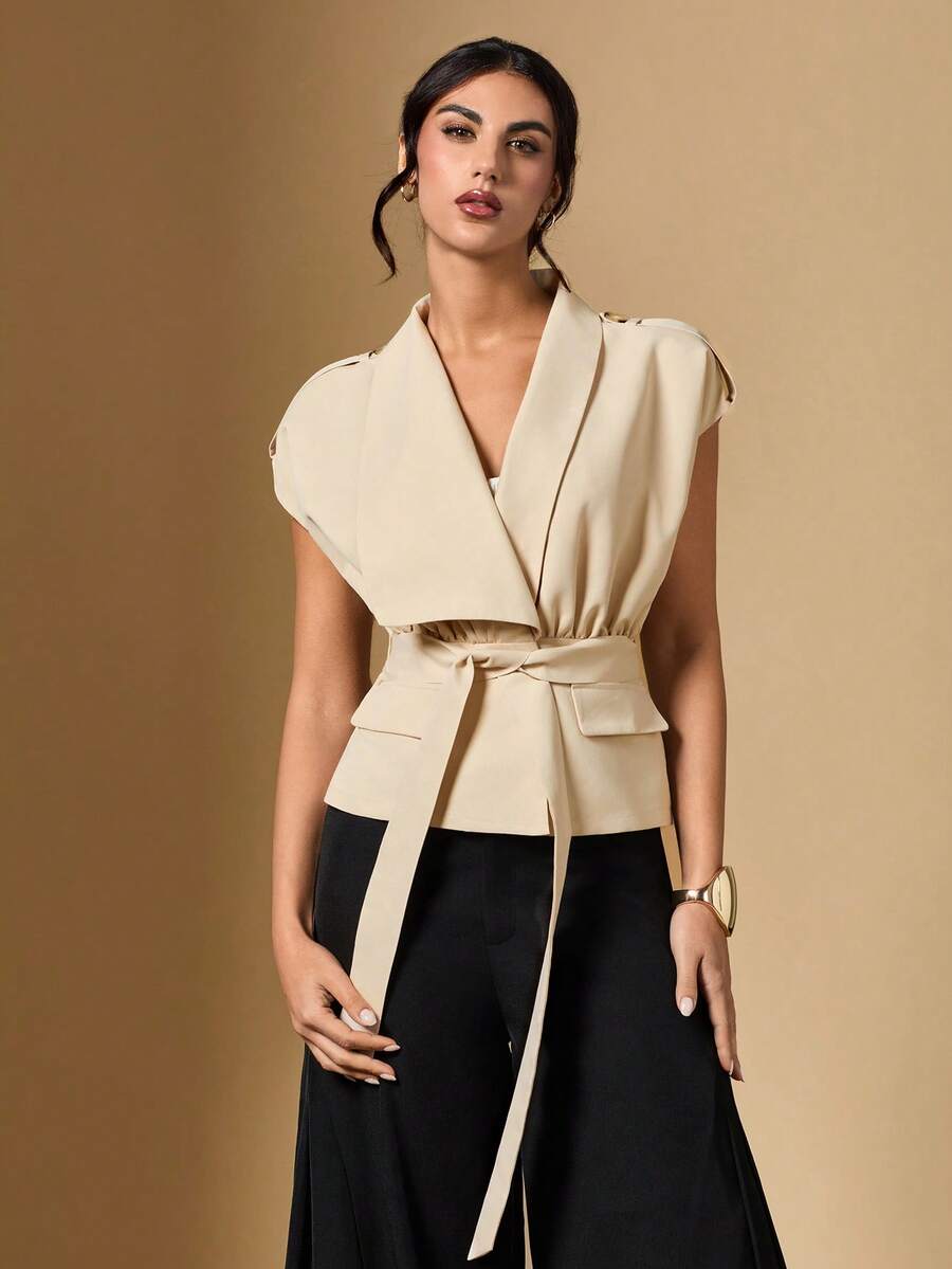 Briarwyn Women's Casual Commuter Asymmetrical Collar Belted Jacket - Apricot - View 1