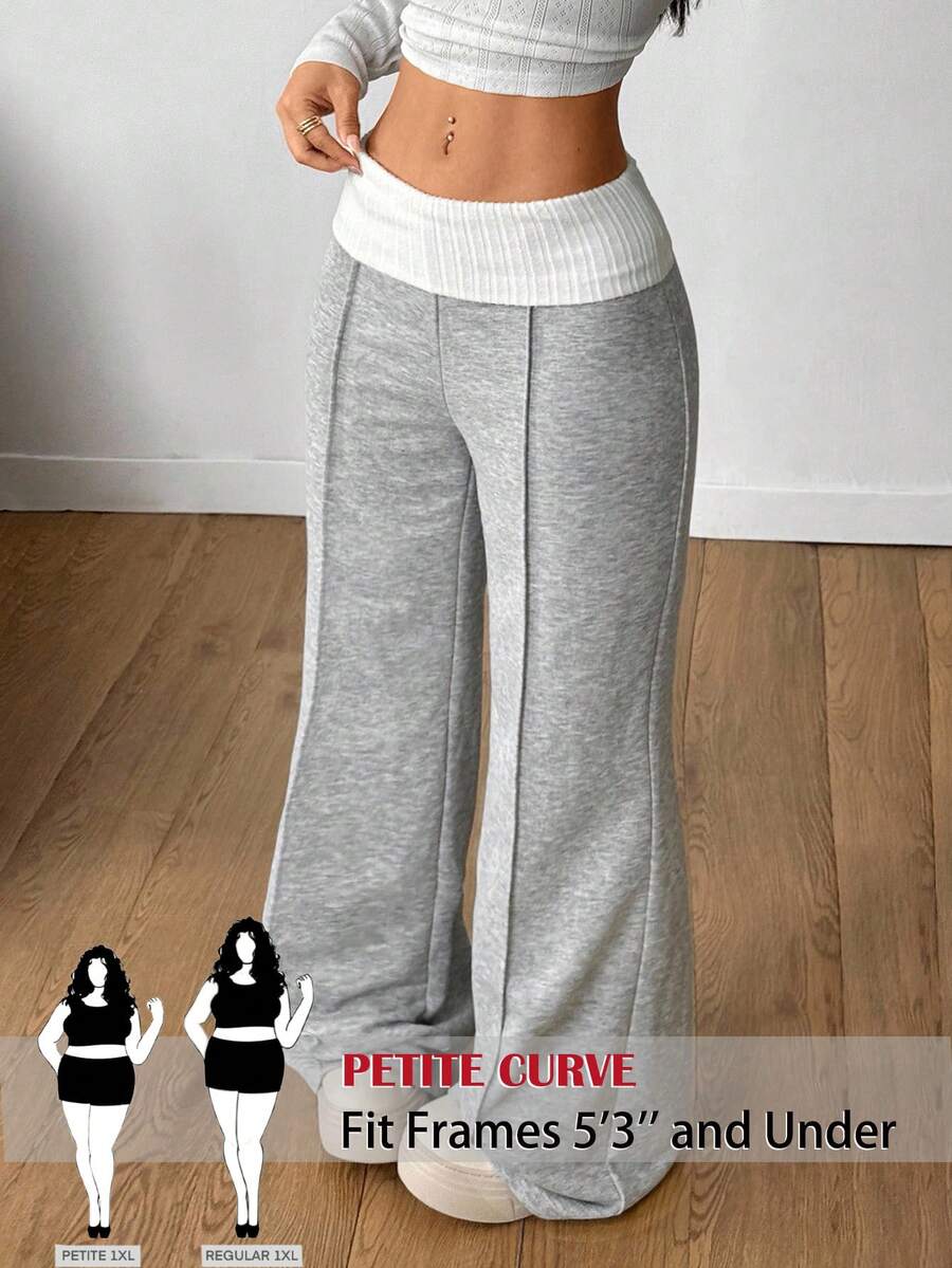 SHEIN PETITE CURVE Quần nỉ nữ cỡ lớn dáng rộng thoải mái, cạp quần phối màu tương phản, thích hợp mặc hàng ngày, ở nhà, chơi thể thao, đi học, đi làm, ngoài trời, mùa xuân, đi chơi, trang phục lễ hội cho nữ, quần thường ngày, quần rộng. - Màu Xám nhạt - Xem 1