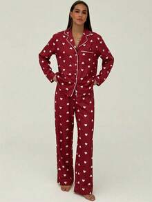 Aloruh Quần dài tay nữ màu đỏ in hình trái tim, viền tương phản, thích hợp cho Ngày Valentine. - Đỏ - Xem 2