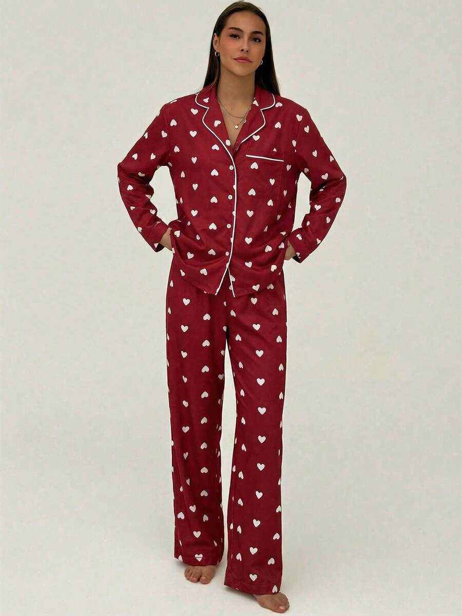 Aloruh Quần dài tay nữ màu đỏ in hình trái tim, viền tương phản, thích hợp cho Ngày Valentine.