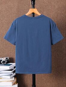 Camiseta de manga corta con patrón de letras 3D sencillo, estilo informal para niño preadolescente, adecuada para el verano, mezcla de algodón apta para uso diario, escuela, viajes, deportes y primavera-verano - Azul - Ver 2