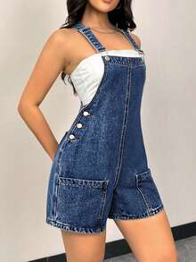SHEIN Pantalones cortos de peto de mezclilla de unicolor con botones laterales para adolescentes, mono de verano para el Día de San Valentín, vestido de primavera para mujeres para el Día de San Valentín, vestido de cumpleaños elegante, vestidos de playa y vacaciones para mujeres, mono de verano casual holgado con detalles de bolsillo - Azul lavado oscuro - Ver 2