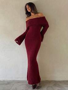Aloruh Đầm maxi ôm sát dài tay, chất liệu dày dặn, kiểu trễ vai, màu hồng, dành cho nữ, thích hợp cho mùa Thu/Đông. - Màu Đỏ Sâu - Xem 7