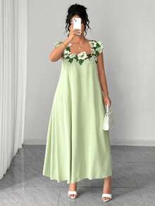 Elenzga Đầm maxi cổ vuông thanh lịch dành cho nữ cỡ lớn, đầm ren hoa phối ren trang nhã, đầm dệt kim hai lớp màu xanh lá cây kiểu cổ điển mùa xuân/hè thanh lịch, dáng chữ A thắt eo che khuyết điểm vòng bụng, đầm dệt kim thích hợp cho lễ tốt nghiệp, ngày lễ, ngày Valentine, lễ hội âm nhạc, ngày của Mẹ, Halloween, Lễ Tạ ơn, Lễ Phục sinh, ngày Quốc khánh, dạ hội, hẹn hò, tiệc tùng, mùa cưới, dã ngoại. - Màu xanh Ô liu - Xem 4