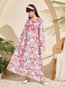 1pc Girls Light Blue Floral Vintage Tulip Print Long Sleeve Dress,Boho Holiday Party Autumn Loose Fit Dress - Pink - View 1