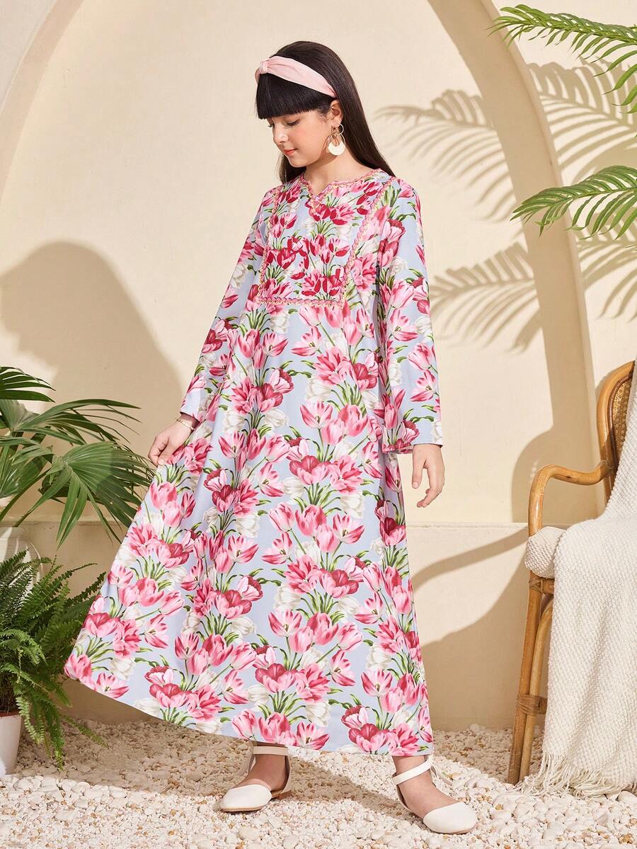 1pc Girls Light Blue Floral Vintage Tulip Print Long Sleeve Dress,Boho Holiday Party Autumn Loose Fit Dress - Pink - View 1