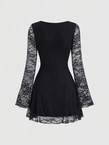 Sweetra Vestido versátil para ir al trabajo con cuello cuadrado sexy, mangas acampanadas y plisadas, estilo Y2K - Negro - Ver 2