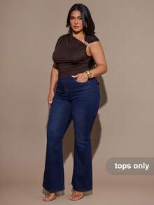 SHEIN BAE PLUS SIZE Women's Summer Fashion Solid Color Asymmetric Neck T-Shirt,Winter, Summer,Cozy Fall,Halloween Costume - Brown - View 3