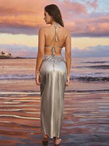 Swim Vcay 26SS 性感闪亮V领露背长裙，适合海滩度假 - 彩色 - 查看 2