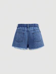 SHEIN Girlism 少女优雅浅色水洗做旧蝴蝶结牛仔短裤，带口袋插片、仿珍珠和毛边裤脚，适合春夏假期和节日穿着 - 深色水洗藍 - 查看 2