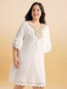 Momelise Vestido casual de vacaciones de primavera/verano para mujer con parches de unicolor, cuello de encaje con flecos y dobladillo con volantes, talla grande - Multicolor - Ver 7