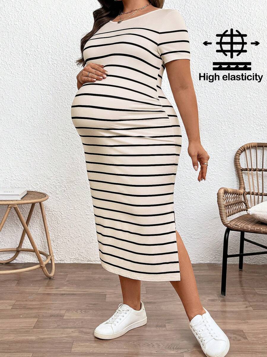 SHEIN Maternity Clothes Plus-Size Maternity Wear  Dress Summer Leisure Khaki Round Neck Short-Sleeved Striped Casual Dress With Slit - Khaki - View 1