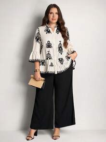 Comfylo Plus Size 2 Pieces Set: Casual Black Shirt And Pants, Autumn Boho Outfits For Women, Elegant Birthday Party Vacation Valentine's Day - Multicolor - View 8