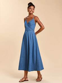 Travachic Women's Sexy Backless Tie-Waist Denim Slip Dress, Vacation Style - Medium Wash - View 7