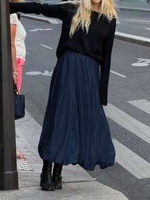 Serisse Falda casual de diseño minimalista de unicolor para mujer, verano - Azul Marino - Ver 3