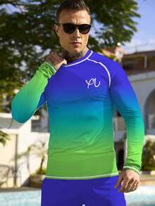 Manfinity KASUA 男士圆领插肩袖渐变色休闲舒适透气长袖冲浪T恤 - 水鴨藍 - 查看 3