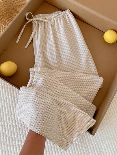 Comfortcana Randiga byxor med dragsko och vida ben för kvinnor, avslappnade, sommar