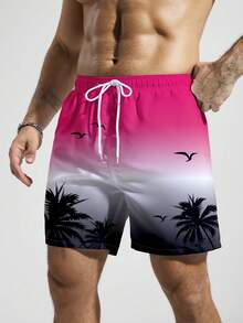 Manfinity KASUA Men's Elastic Waist Drawstring Pocket Palm Tree Print Beach Shorts, Holiday - Hot Pink - View 5