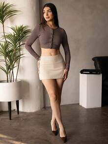 Andrea Bello Minifalda de corte A con abertura sexy, estilo lazada y encaje, para mujer, diseño de primavera/verano - Albaricoque - Ver 1