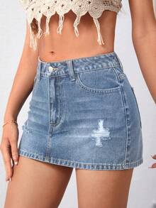 SHEIN Essnce 女士休闲百搭牛仔迷你裙，带口袋和纽扣，做旧设计，适合约会和外出穿着。 - 藍色 - 查看 2