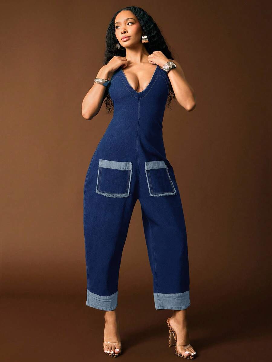 Vixey Plunge Neck Halter Neck Cuffed Hem Detail Barrel Leg Denim Jumpsuit - Medium Wash - View 1