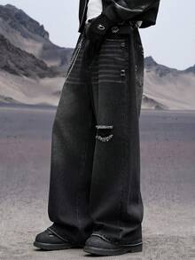 Manfinity Roghcode 男士休闲做旧破洞黑色牛仔裤，街头风 - 黑色 - 查看 6