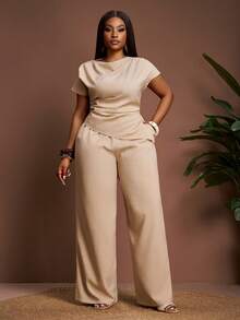 Veslaya 春夏新款优雅度假派对约会晚宴海滩休闲通勤音乐节两件套 - 无袖露脐上衣搭配带口袋的超长阔腿裤，大码裤装夏季套装两件套，女士优雅夏季穿搭 - 杏色 - 查看 4