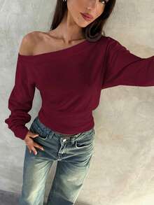 Aloruh Elegant 95% Cotton Knit Asymmetric Shoulder Long Sleeve Top, Purple-Red Versatile Blouse, Fall Wardrobe; Simple, Fashionable; Cozy, Chic. Spring - Red Violet - View 6