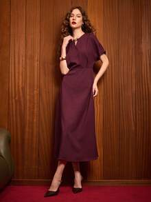 Uhlyne 女士长裙，简约设计，适合通勤、聚会和休闲穿着，夏季款 - Bold Plum - 查看 5