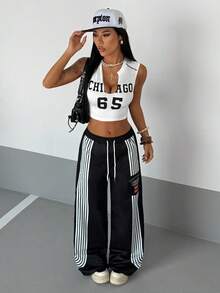 SHEIN HypeZone 2000 年代风格 Y2K 灵感女士休闲街头风两件套：印花背心和裤子 - 黑與白 - 查看 5