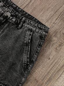 Manfinity Joysei 男士深灰色酸洗牛仔百慕大短裤：前卫街头休闲风格，拉链细节 - 深灰色 - 查看 4