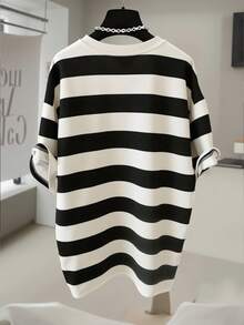 SHEIN Franclia Retro American Black & White Striped, Little Horse Logo Print Casual Loose Fit Round Neck Women T-Shirt, Summer - Multicolor - View 2