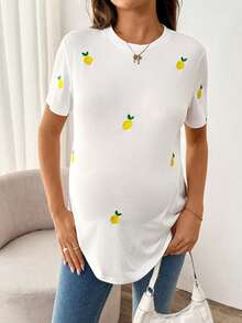 SHEIN 孕妇休闲柠檬刺绣短袖T恤，夏季 - 白色 - 查看 4
